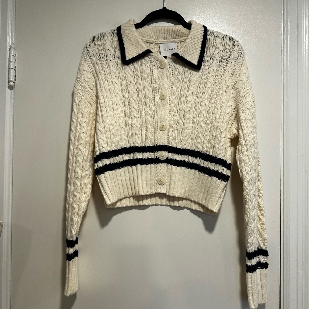 NWT Pink Rose Preppy Cream & Navy  Cable Knit Collared Cardigan. Ribbed Hem. S - Picture 7 of 16